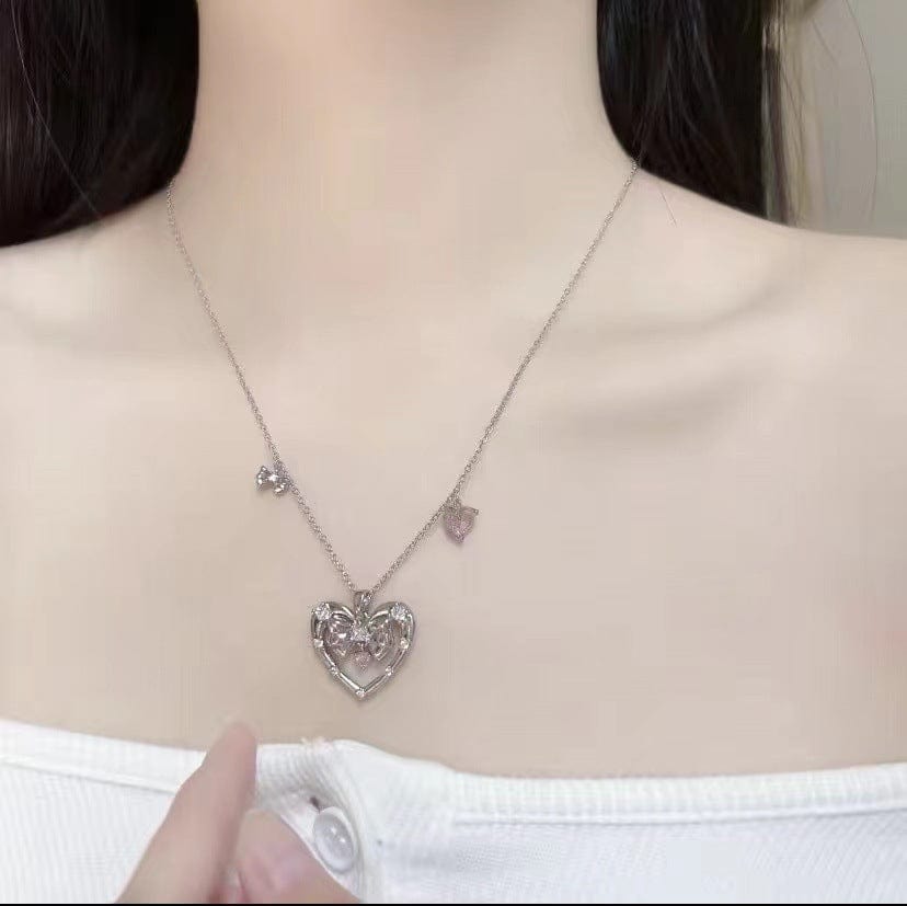 Chic CZ Inlaid Bowknot Heart Pendant Necklace - ArtGalleryZen