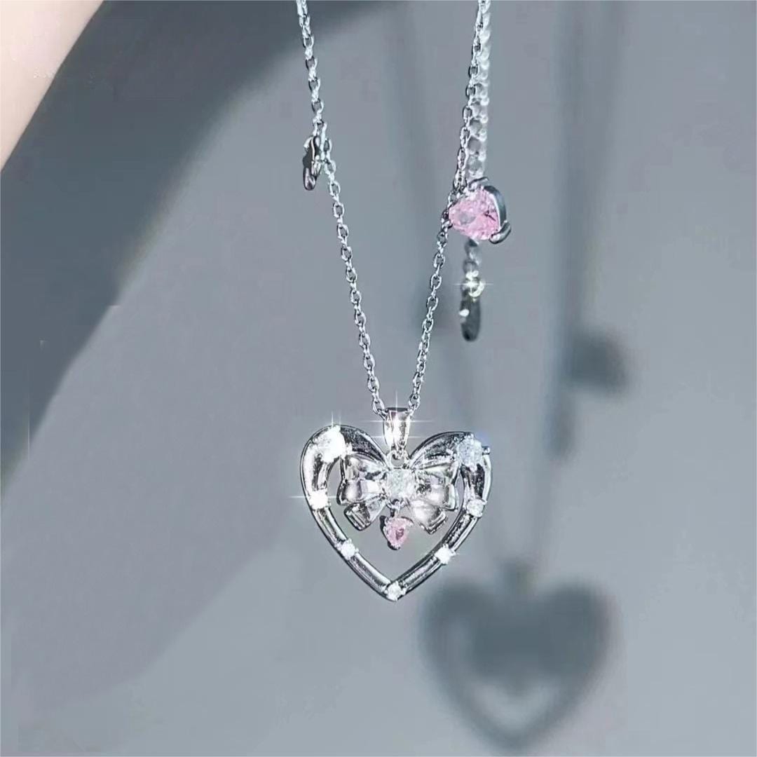 Chic CZ Inlaid Bowknot Heart Pendant Necklace - ArtGalleryZen