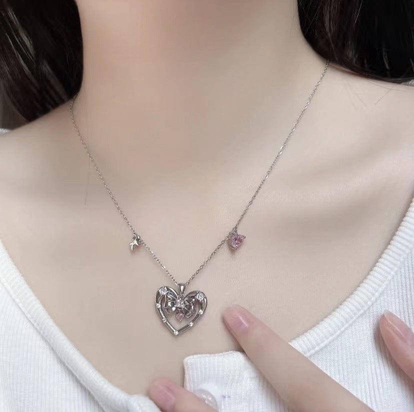 Chic CZ Inlaid Bowknot Heart Pendant Necklace - ArtGalleryZen