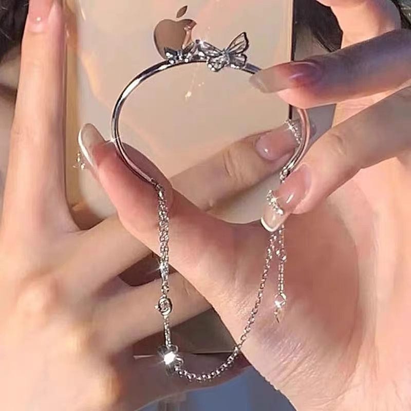 Chic CZ Inlaid Butterfly Charm Cable Chain Bangle Bracelet - ArtGalleryZen