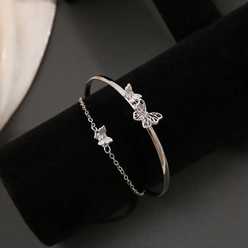 Chic CZ Inlaid Butterfly Charm Cable Chain Bangle Bracelet - ArtGalleryZen