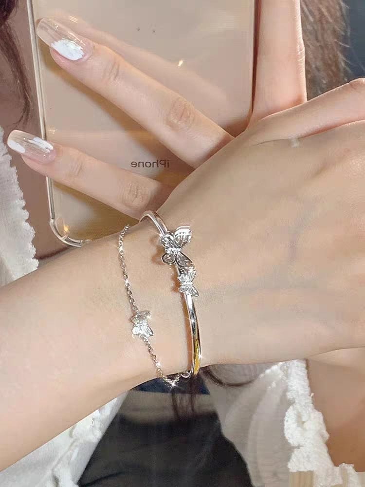 Chic CZ Inlaid Butterfly Charm Cable Chain Bangle Bracelet - ArtGalleryZen