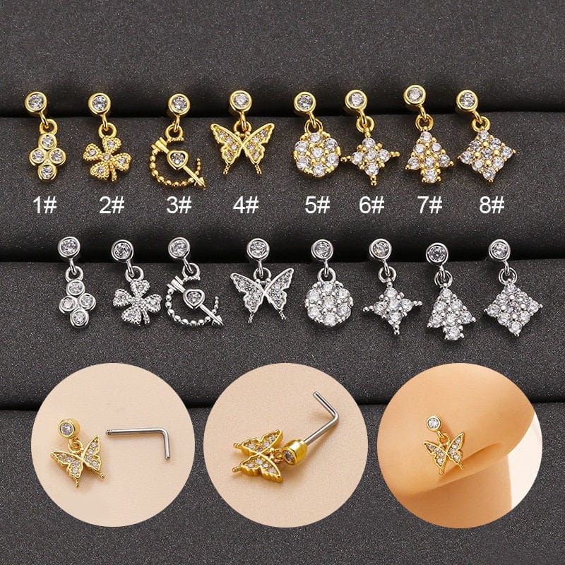 Chic CZ Inlaid Butterfly Clover Arrow Heart Nose Piercing Nose Stud - ArtGalleryZen