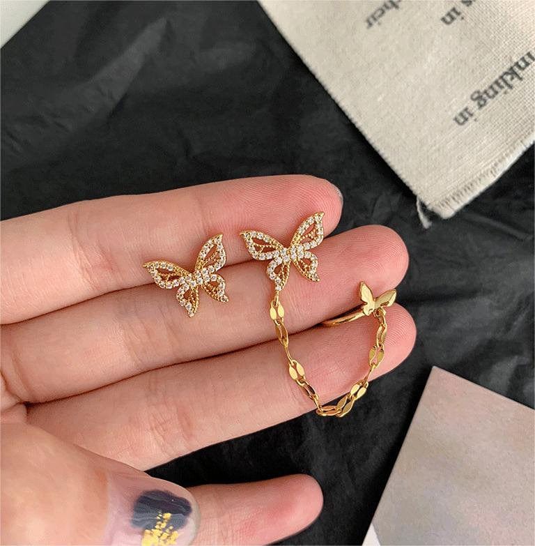 Chic CZ Inlaid Butterfly Ear Cuff Chain Earrings - ArtGalleryZen