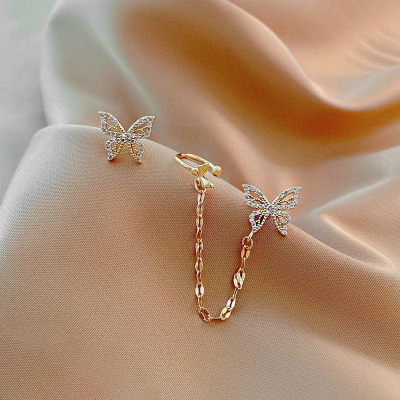 Chic CZ Inlaid Butterfly Ear Cuff Chain Earrings - ArtGalleryZen