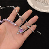 Thumbnail for Chic CZ Inlaid Celestial Planet Heart Pendant Pearl Chain Necklace - ArtGalleryZen