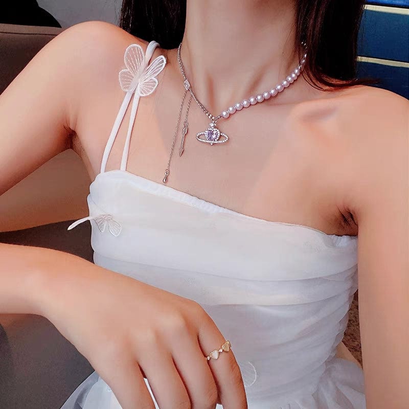 Chic CZ Inlaid Celestial Planet Heart Pendant Pearl Chain Necklace - ArtGalleryZen