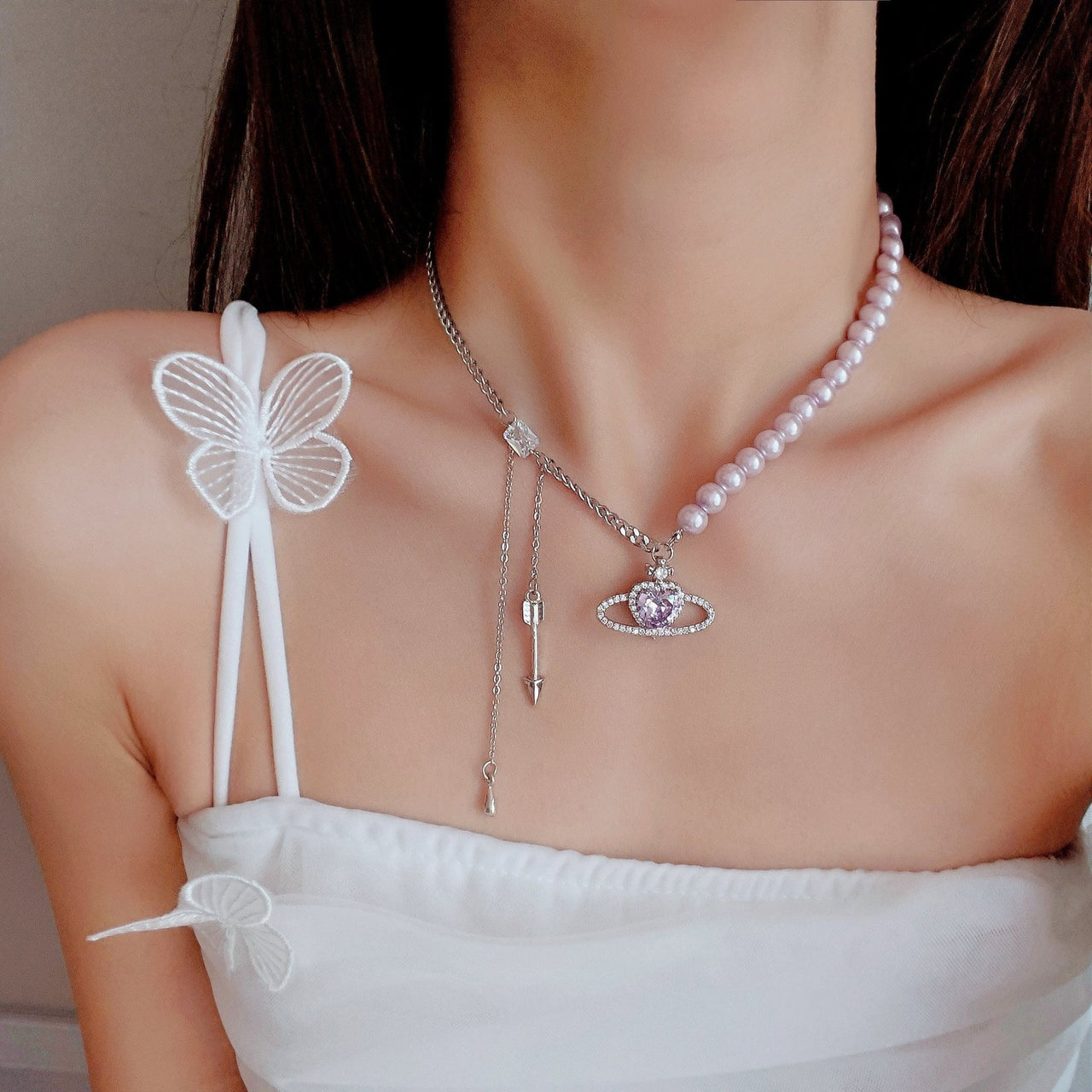 Chic CZ Inlaid Celestial Planet Heart Pendant Pearl Chain Necklace - ArtGalleryZen