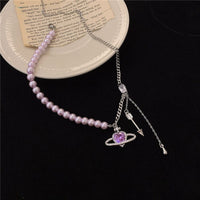 Thumbnail for Chic CZ Inlaid Celestial Planet Heart Pendant Pearl Chain Necklace - ArtGalleryZen
