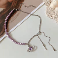 Thumbnail for Chic CZ Inlaid Celestial Planet Heart Pendant Pearl Chain Necklace - ArtGalleryZen