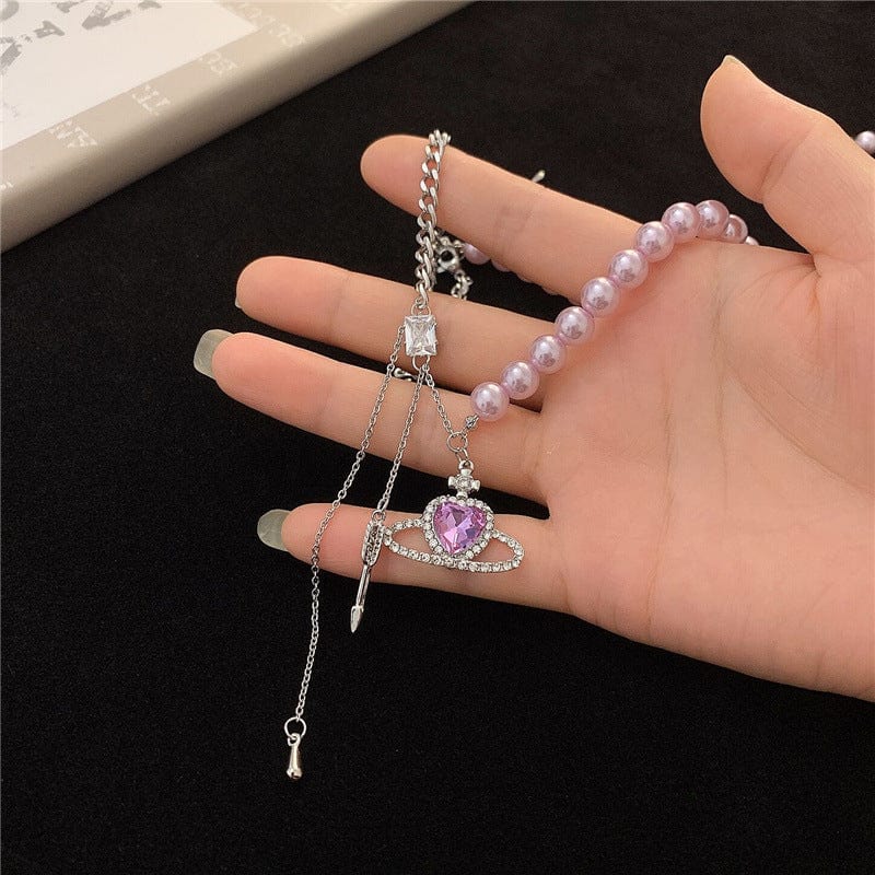 Chic CZ Inlaid Celestial Planet Heart Pendant Pearl Chain Necklace - ArtGalleryZen
