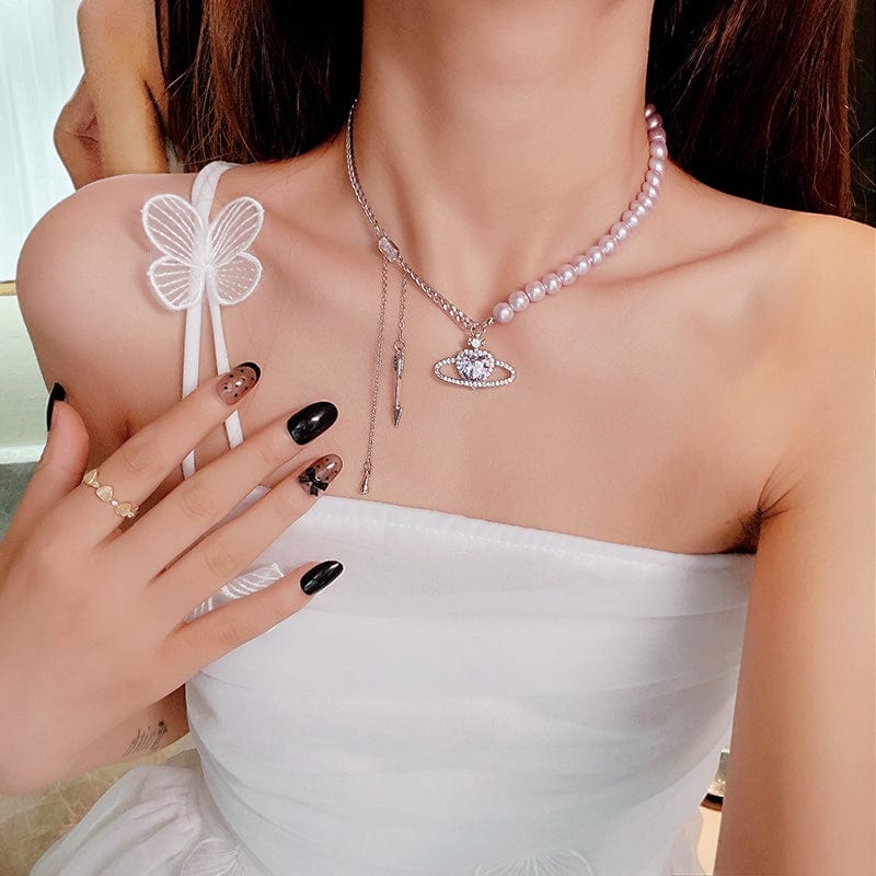 Chic CZ Inlaid Celestial Planet Heart Pendant Pearl Chain Necklace - ArtGalleryZen