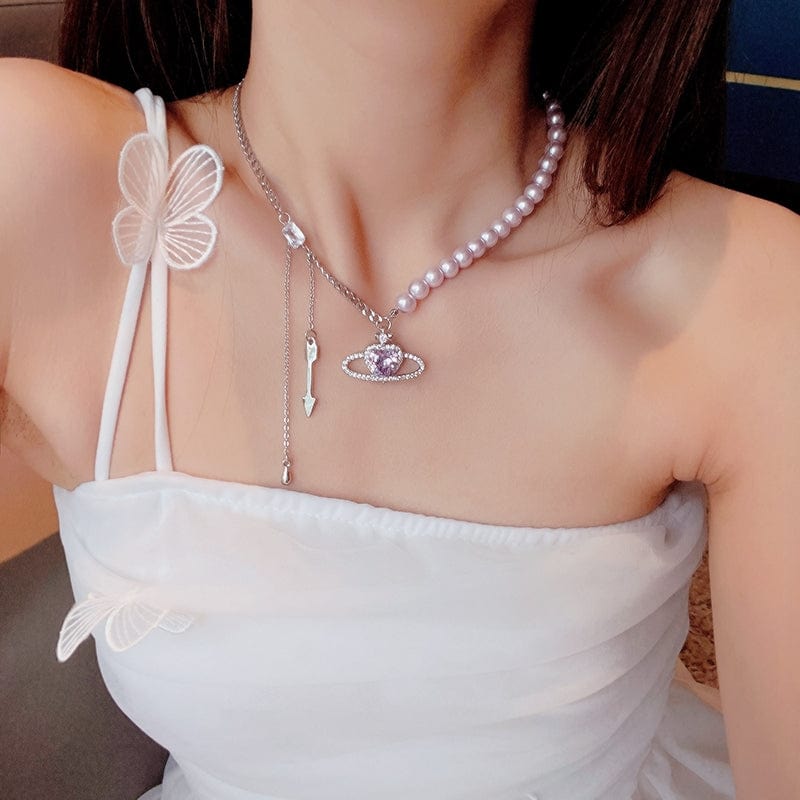 Chic CZ Inlaid Celestial Planet Heart Pendant Pearl Chain Necklace - ArtGalleryZen