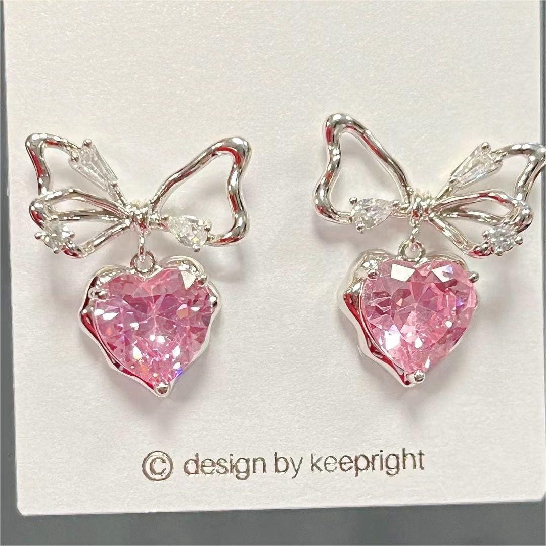 Chic CZ Inlaid Crystal Bowknot Heart Dangle Earrings - ArtGalleryZen