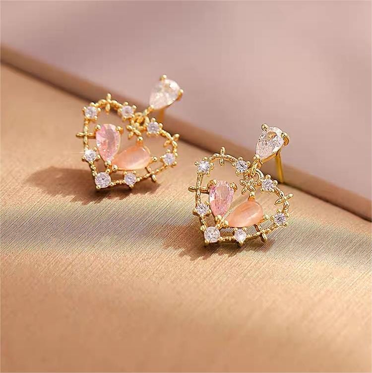 Chic CZ Inlaid Crystal Floral Hollow Heart Earrings - ArtGalleryZen