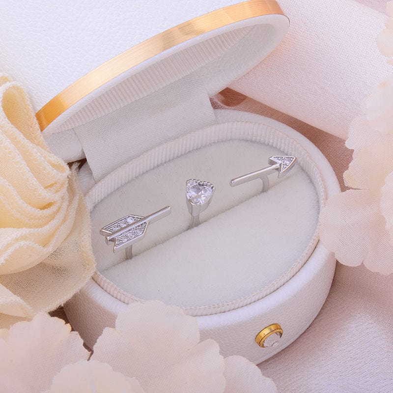 Chic CZ Inlaid Crystal Heart Arrow Of Love Double Ring Floral Ring Set - ArtGalleryZen