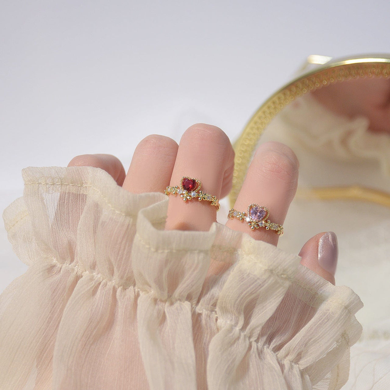 Chic CZ Inlaid Crystal Heart Arrow Of Love Double Ring Floral Ring Set - ArtGalleryZen