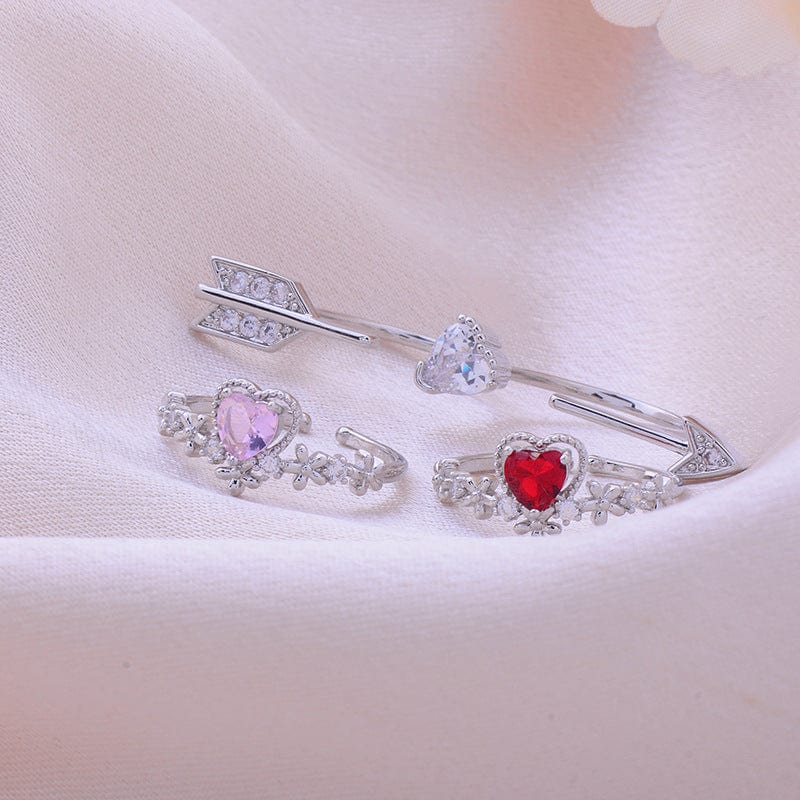 Chic CZ Inlaid Crystal Heart Arrow Of Love Double Ring Floral Ring Set - ArtGalleryZen