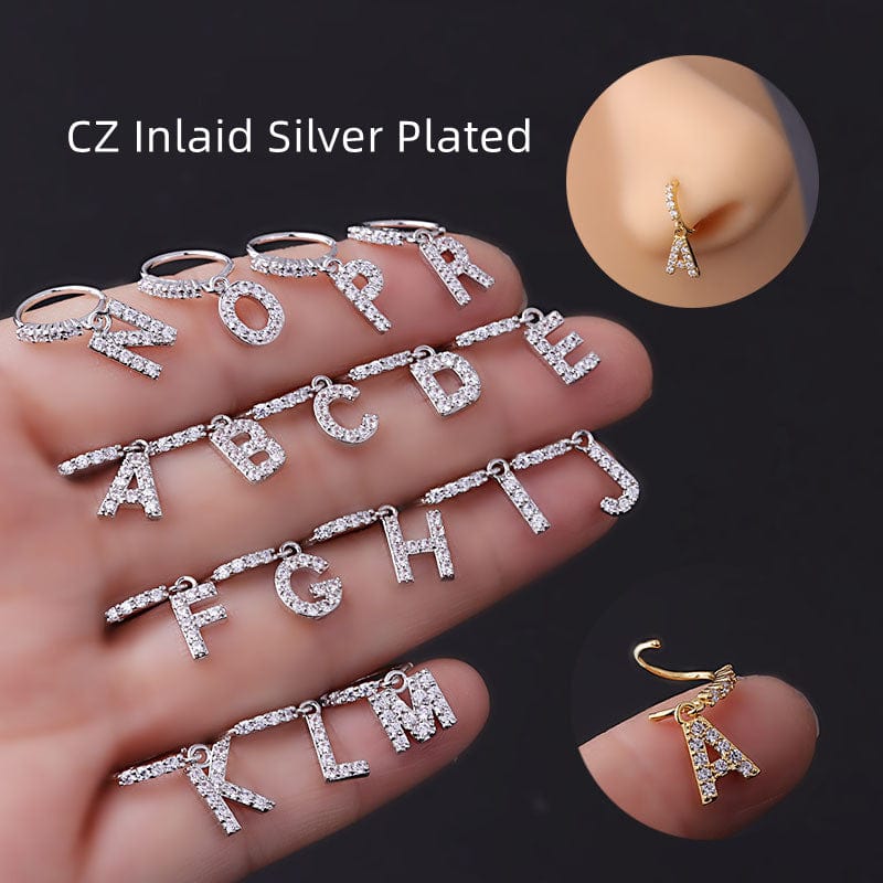 Chic CZ Inlaid Dangling Initial Letter Nose Piercing Nose Hoop - ArtGalleryZen