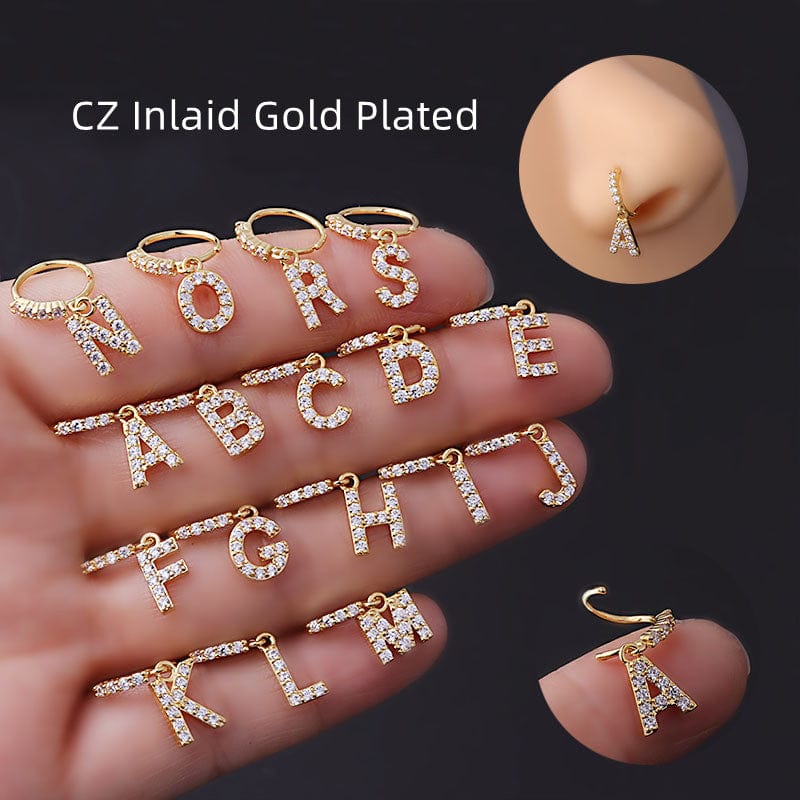 Chic CZ Inlaid Dangling Initial Letter Nose Piercing Nose Hoop - ArtGalleryZen