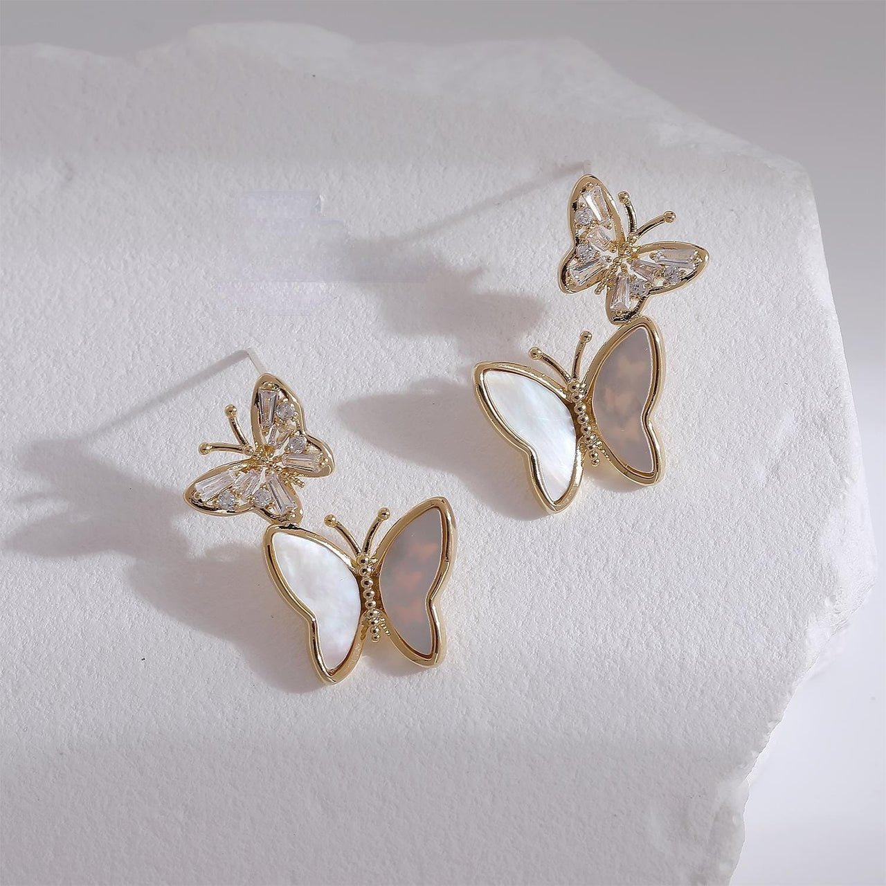 Chic CZ Inlaid Duo Butterfly Dangle Earrings - ArtGalleryZen