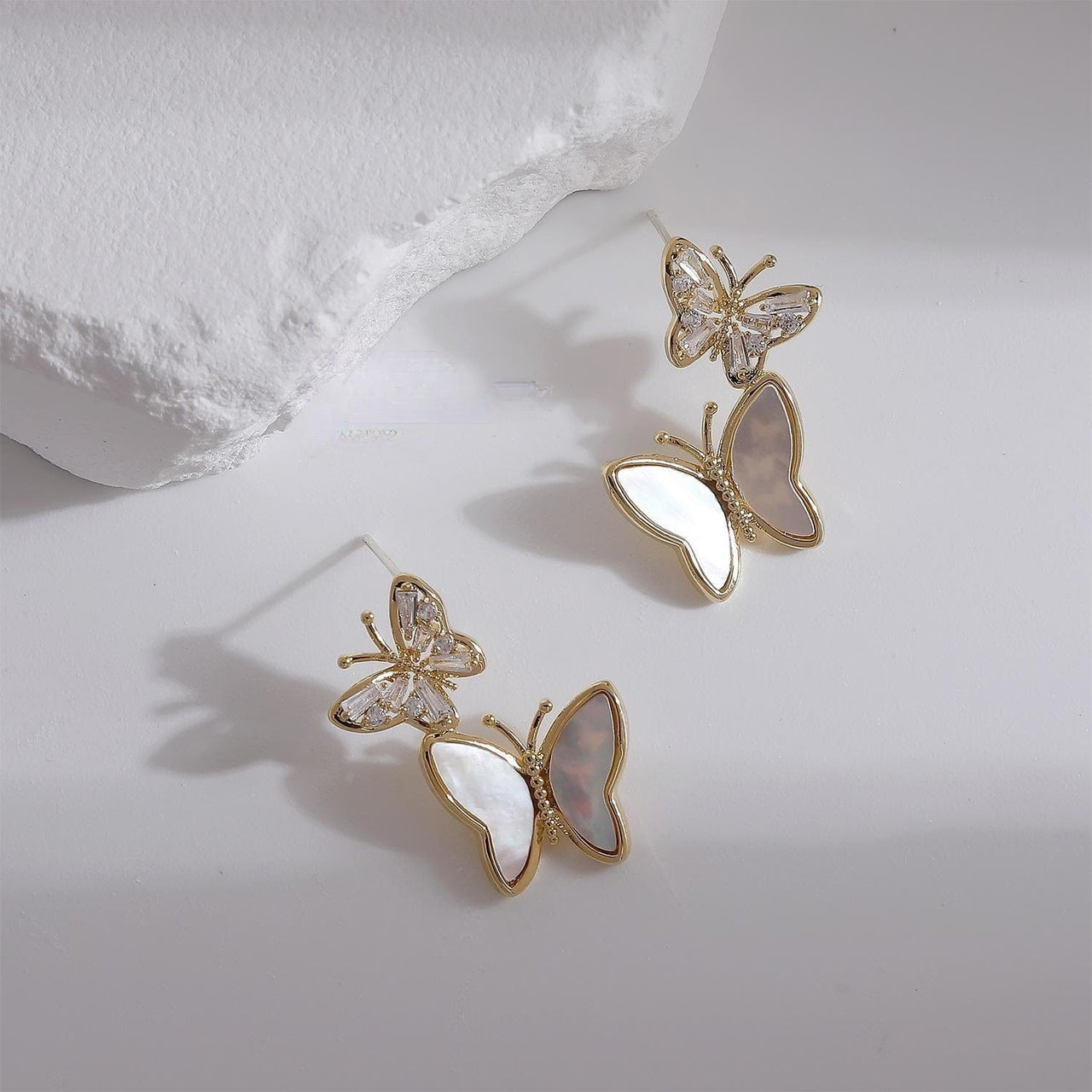 Chic CZ Inlaid Duo Butterfly Dangle Earrings - ArtGalleryZen