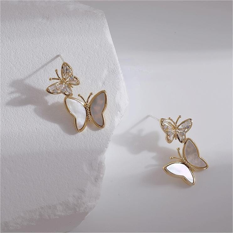 Chic CZ Inlaid Duo Butterfly Dangle Earrings - ArtGalleryZen