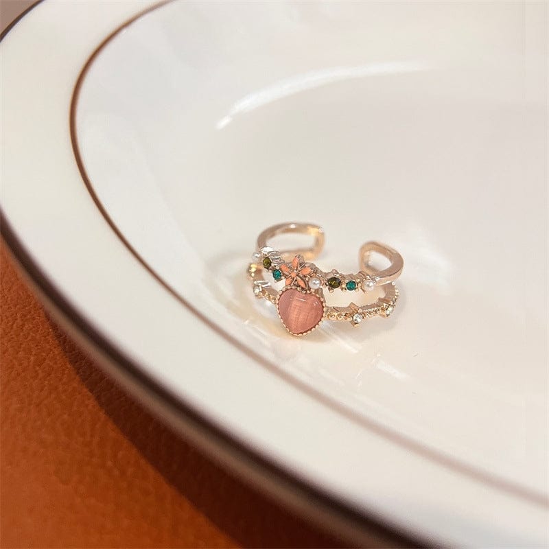 Chic CZ Inlaid Enamel Floral Opal Heart Ring - ArtGalleryZen