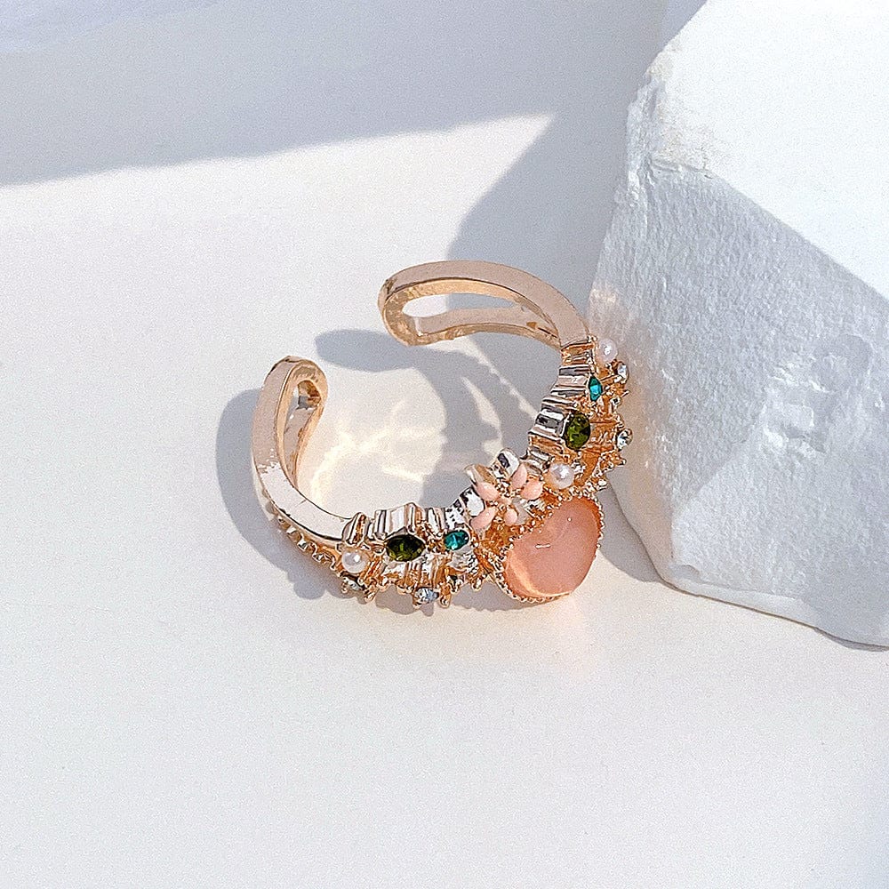 Chic CZ Inlaid Enamel Floral Opal Heart Ring - ArtGalleryZen