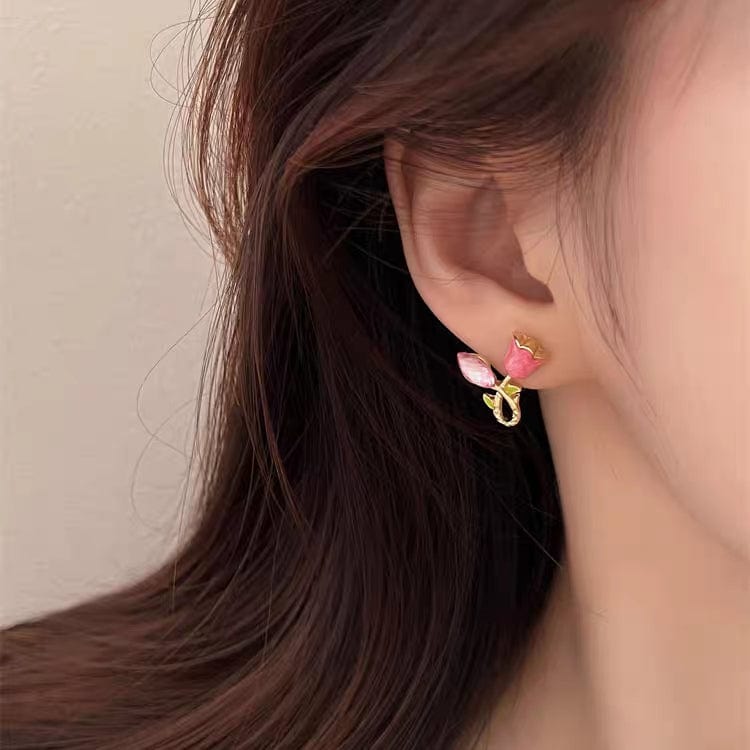 Chic CZ Inlaid Enamel Tulip Earrings - ArtGalleryZen