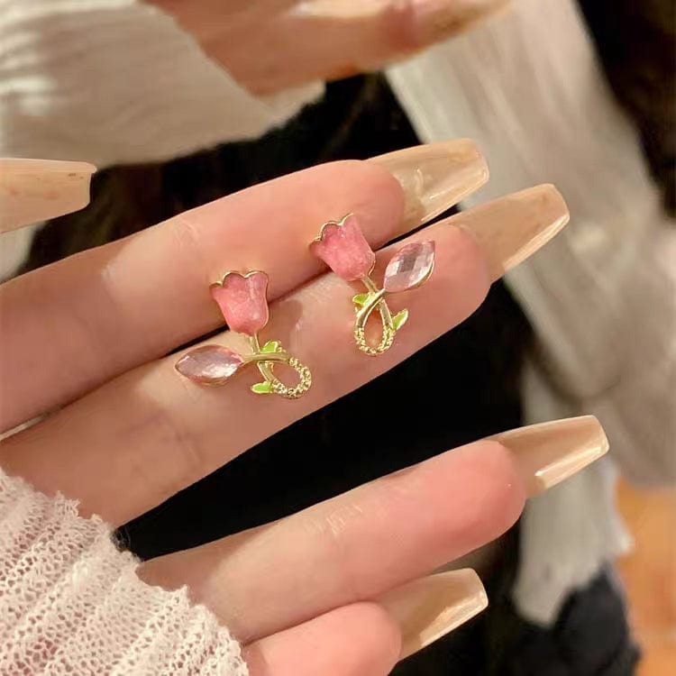 Chic CZ Inlaid Enamel Tulip Earrings - ArtGalleryZen