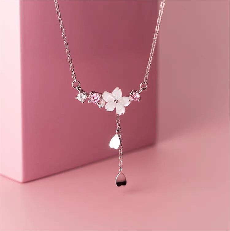 Chic CZ Inlaid Heart Tassel Cherry Blossom Necklace - ArtGalleryZen