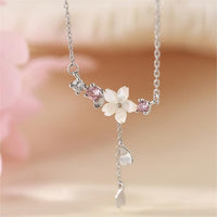 Thumbnail for Chic CZ Inlaid Heart Tassel Cherry Blossom Necklace - ArtGalleryZen