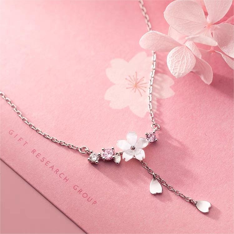Chic CZ Inlaid Heart Tassel Cherry Blossom Necklace - ArtGalleryZen