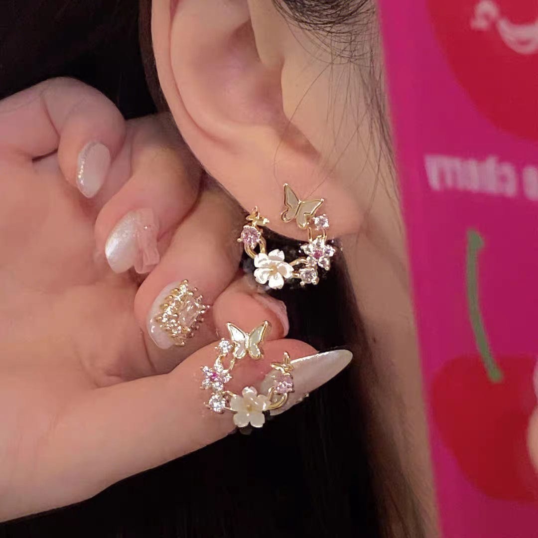 Chic CZ Inlaid Natural Pearl Shell Butterfly Floral Earrings - ArtGalleryZen