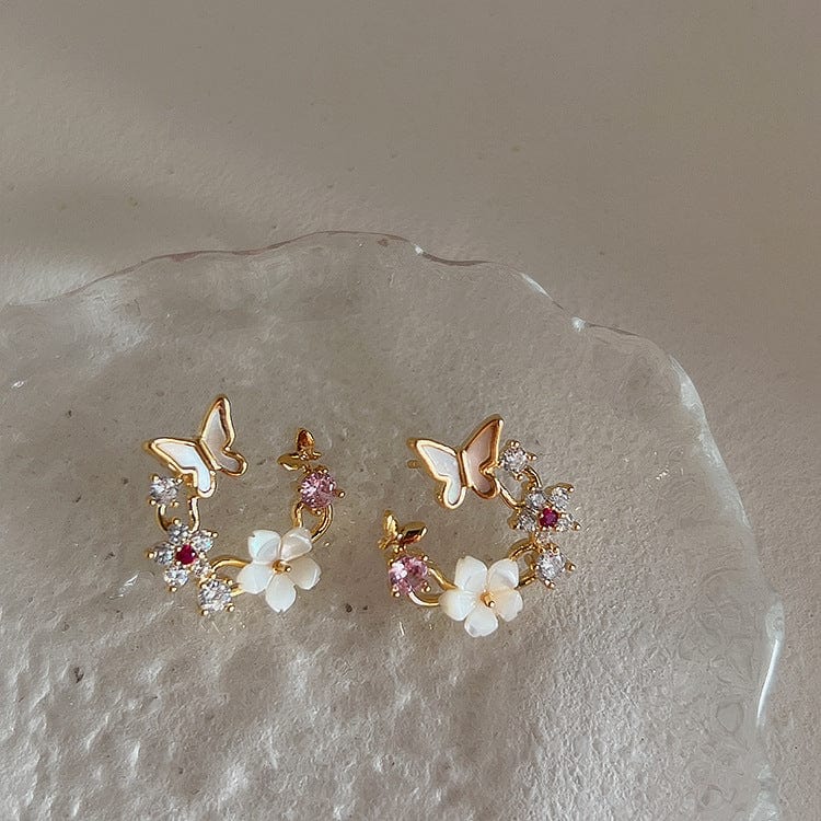 Chic CZ Inlaid Natural Pearl Shell Butterfly Floral Earrings - ArtGalleryZen