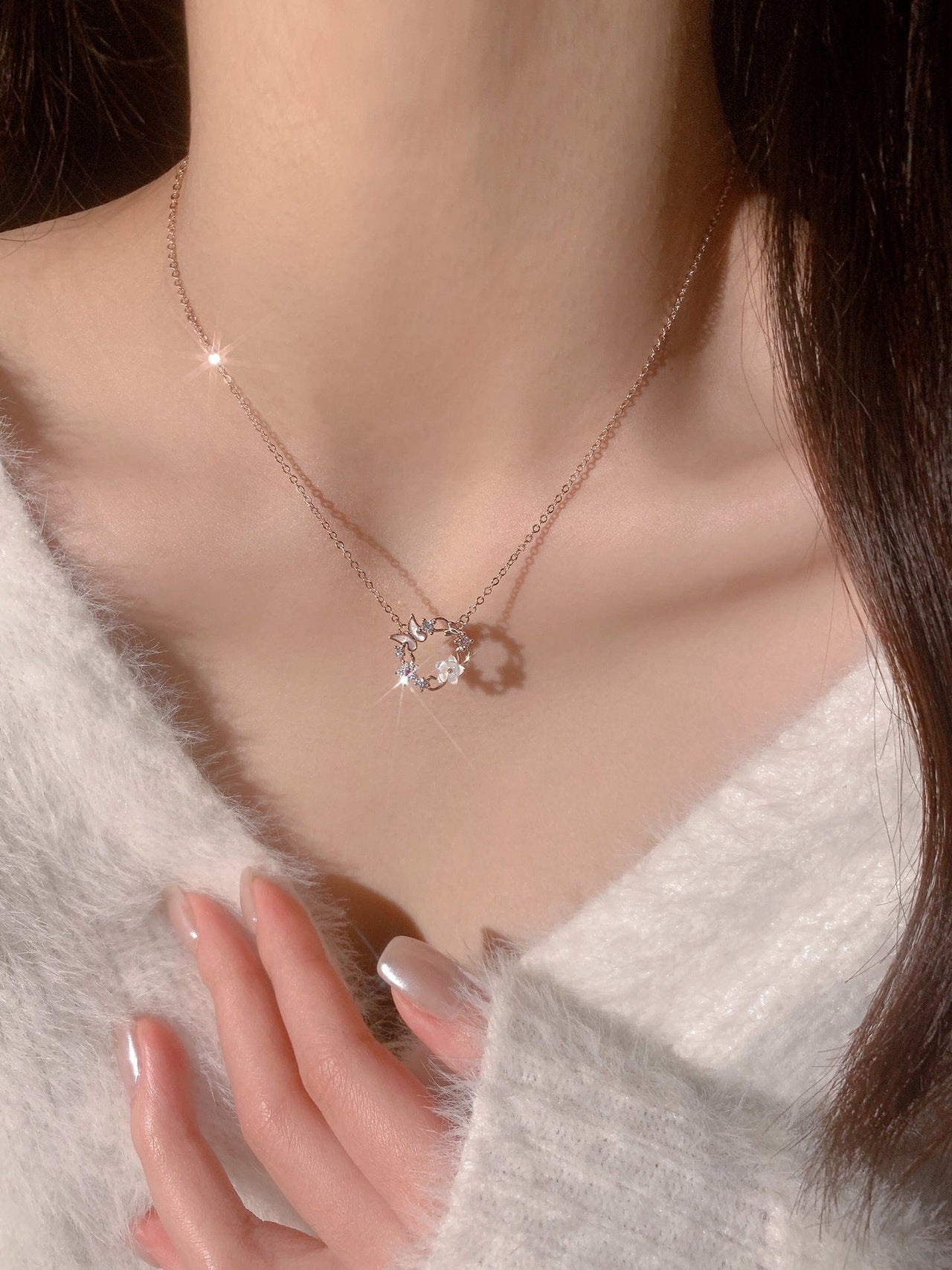 Chic CZ Inlaid Natural Pearl Shell Butterfly Floral Necklace - ArtGalleryZen