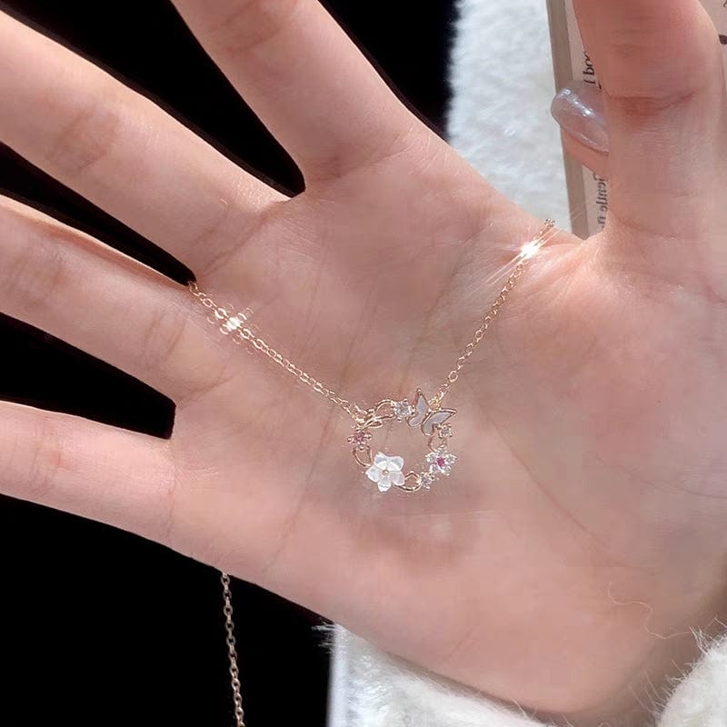 Chic CZ Inlaid Natural Pearl Shell Butterfly Floral Necklace - ArtGalleryZen