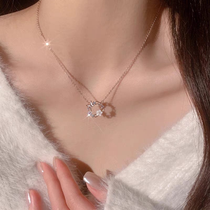 Chic CZ Inlaid Natural Pearl Shell Butterfly Floral Necklace - ArtGalleryZen
