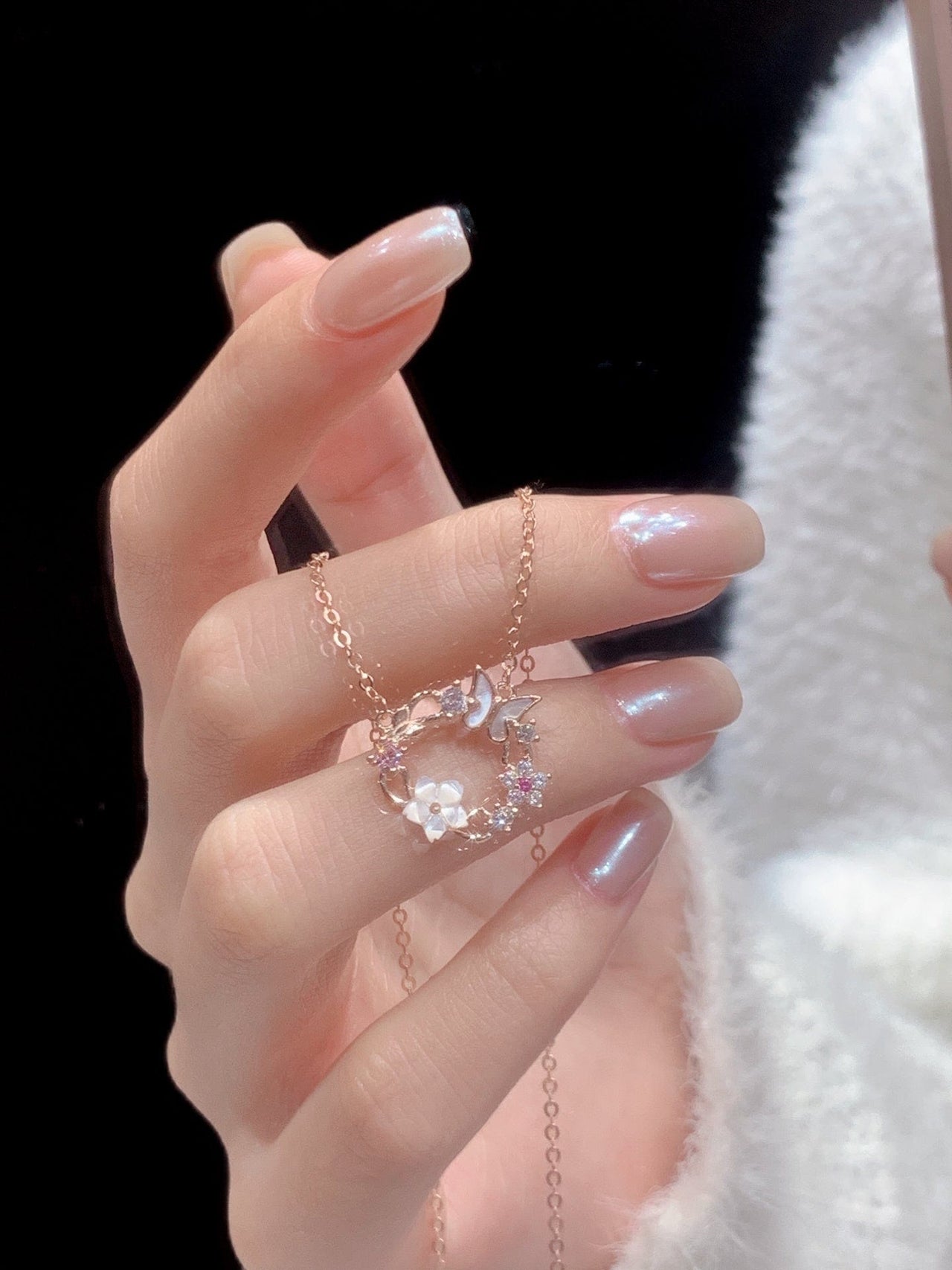 Chic CZ Inlaid Natural Pearl Shell Butterfly Floral Necklace - ArtGalleryZen