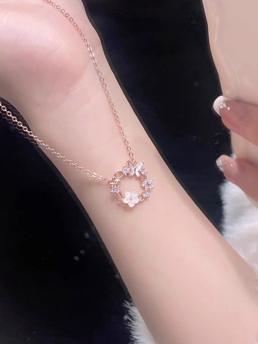 Chic CZ Inlaid Natural Pearl Shell Butterfly Floral Necklace - ArtGalleryZen