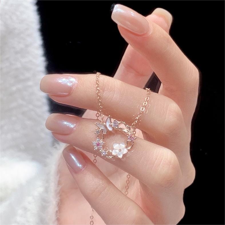 Chic CZ Inlaid Natural Pearl Shell Butterfly Floral Necklace - ArtGalleryZen