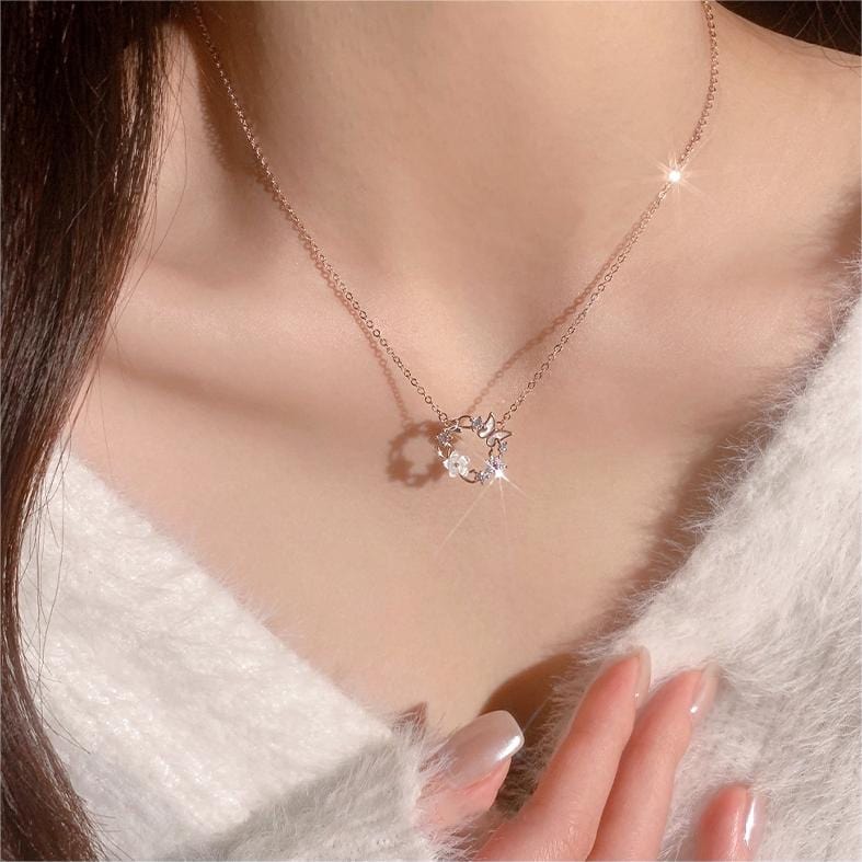 Chic CZ Inlaid Natural Pearl Shell Butterfly Floral Necklace - ArtGalleryZen