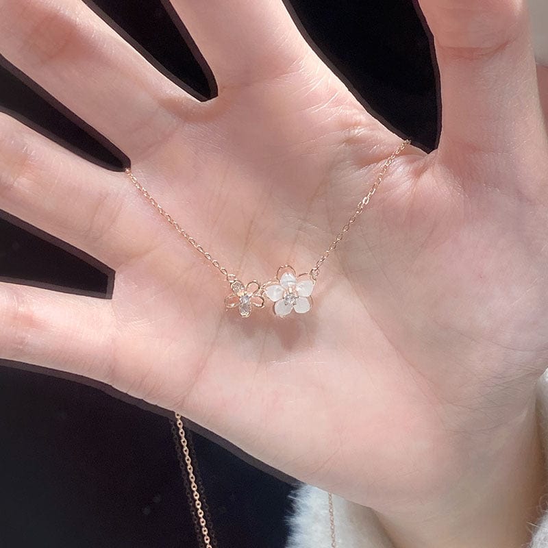 Chic CZ Inlaid Natural Pearl Shell Duo Cherry Blossom Necklace - ArtGalleryZen