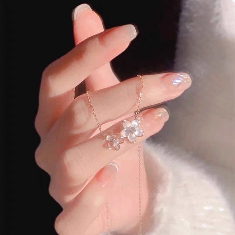 Chic CZ Inlaid Natural Pearl Shell Duo Cherry Blossom Necklace - ArtGalleryZen