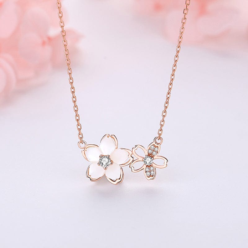Chic CZ Inlaid Natural Pearl Shell Duo Cherry Blossom Necklace ...