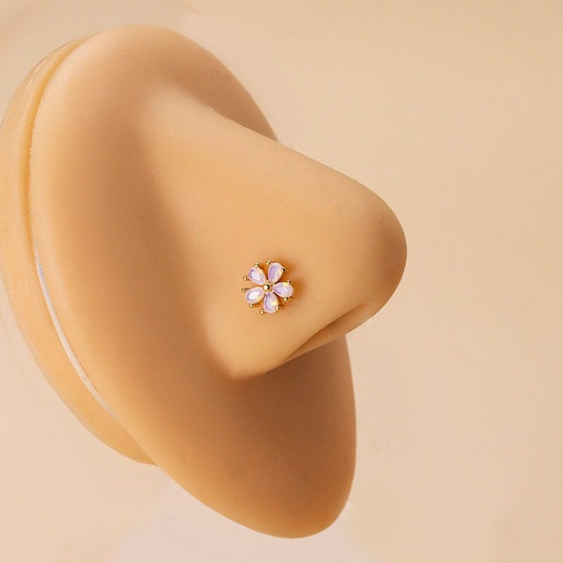 Chic CZ Inlaid Opal Astronaut Alien Floral Heart Nose Piercing Nose Stud - ArtGalleryZen