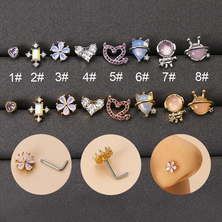 Chic CZ Inlaid Opal Astronaut Alien Floral Heart Nose Piercing Nose St ArtGalleryZen