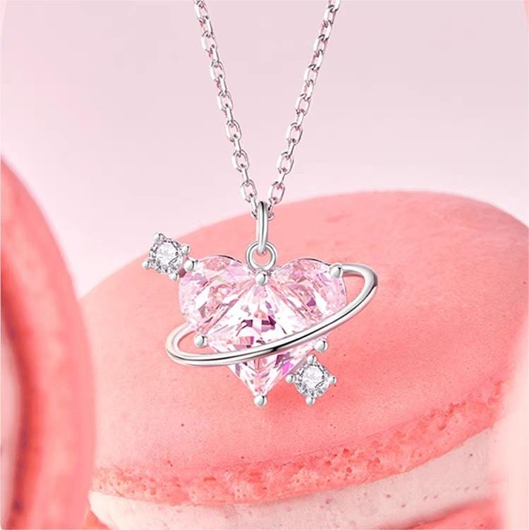 Chic CZ Inlaid Pink Celestial Heart Necklace - ArtGalleryZen