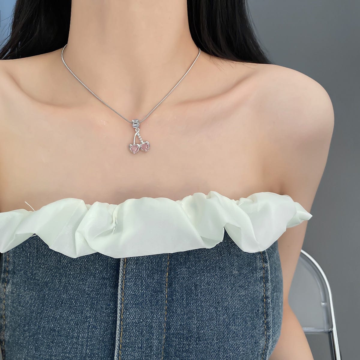 Chic CZ Inlaid Pink Cherry Pendant Necklace - ArtGalleryZen